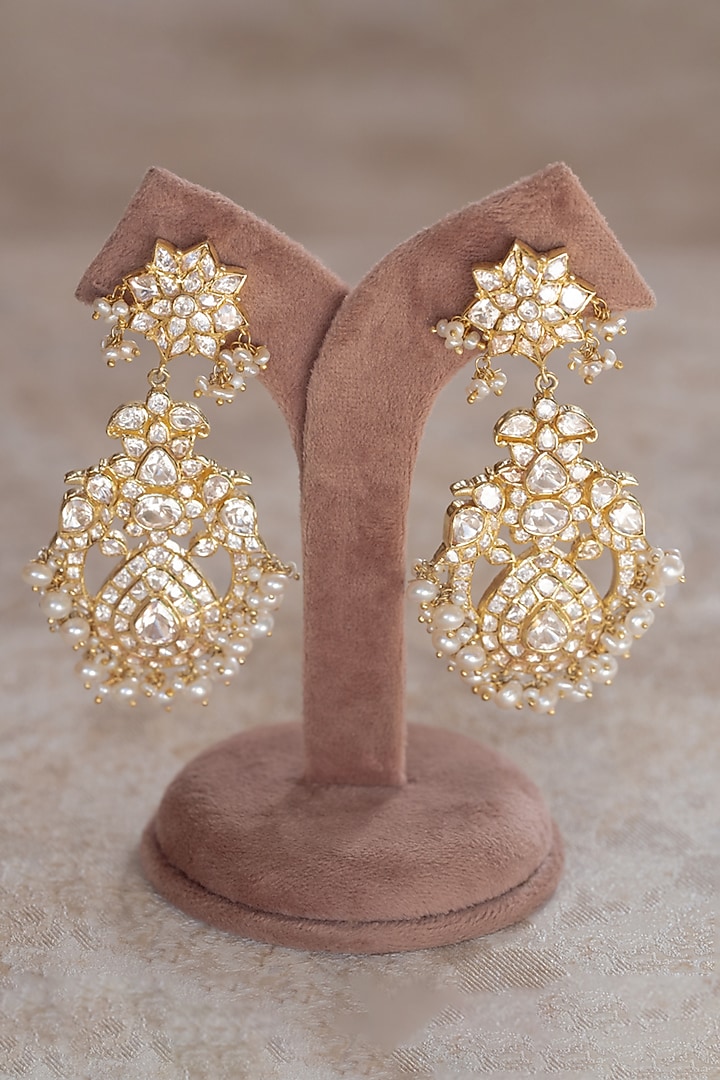 Gold Plated Moissanite Polki & Pearl Dangler Earrings In Sterling Silver by Varq Jewels at Pernia's Pop Up Shop