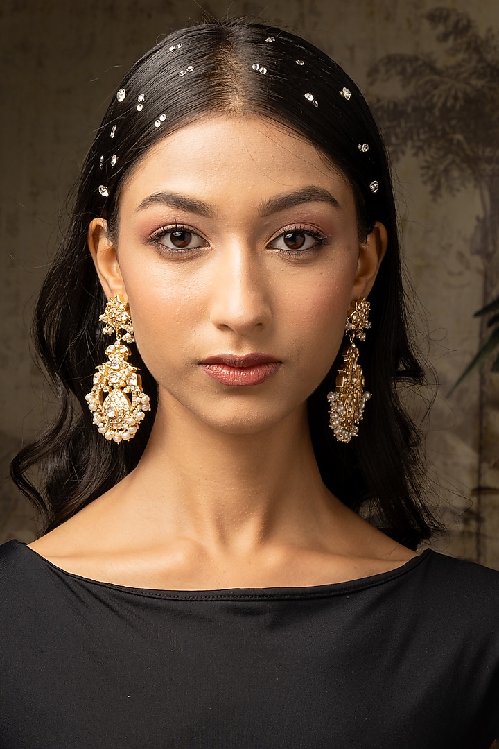 Gold Plated Moissanite Polki & Pearl Dangler Earrings In Sterling Silver by Varq Jewels at Pernia's Pop Up Shop