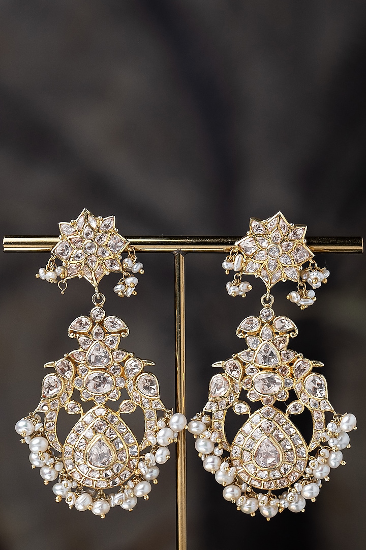 Gold Plated Moissanite Polki & Pearl Dangler Earrings In Sterling Silver by Varq Jewels at Pernia's Pop Up Shop