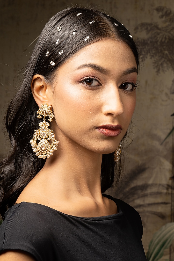 Gold Plated Moissanite Polki & Pearl Dangler Earrings In Sterling Silver by Varq Jewels at Pernia's Pop Up Shop