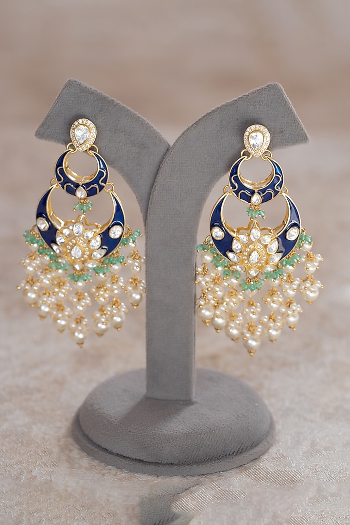 Gold Plated Moissanite Polki Blue Enameled Dangler Earrings In Sterling Silver by Varq Jewels at Pernia's Pop Up Shop