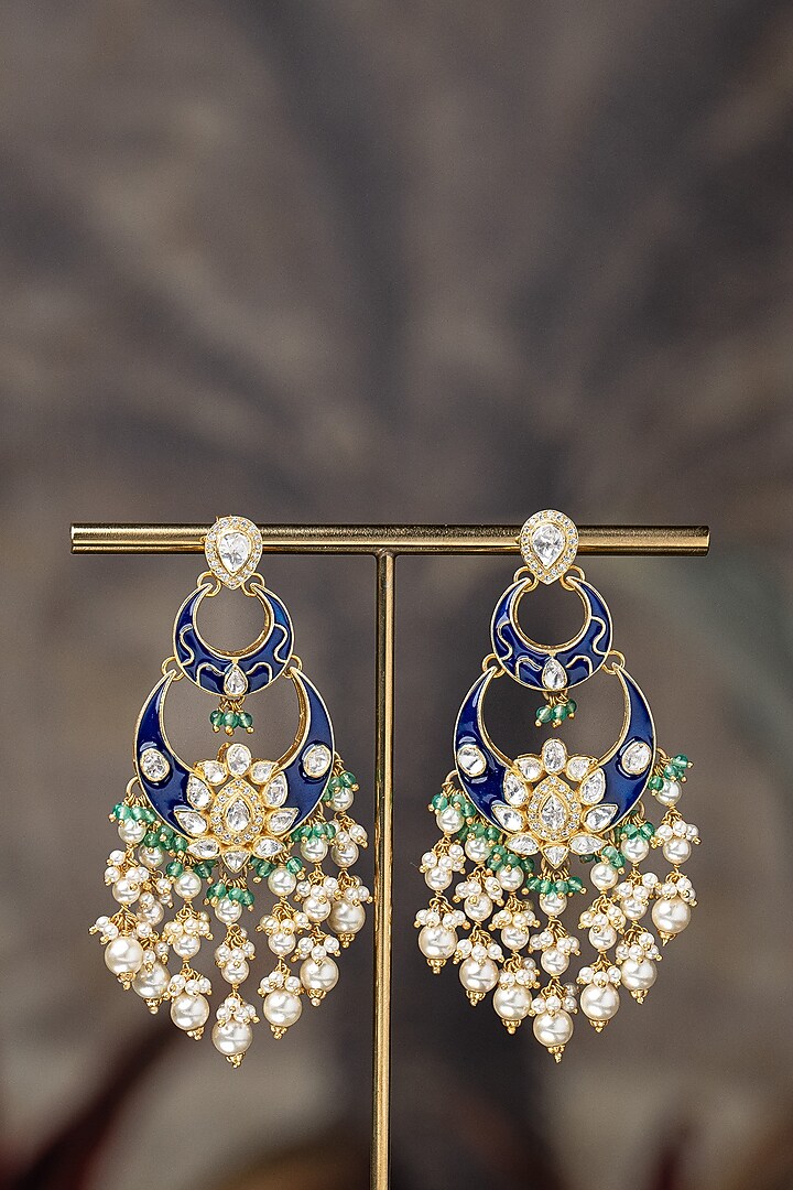 Gold Plated Moissanite Polki Blue Enameled Dangler Earrings In Sterling Silver by Varq Jewels at Pernia's Pop Up Shop