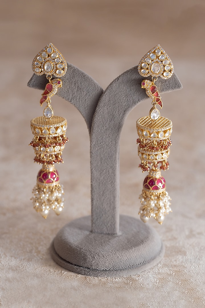 Gold Plated Moissanite Polki & Zirconia Dangler Earrings In Sterling Silver by Varq Jewels at Pernia's Pop Up Shop