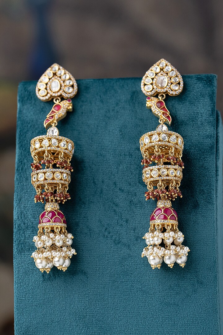 Gold Plated Moissanite Polki & Zirconia Dangler Earrings In Sterling Silver by Varq Jewels at Pernia's Pop Up Shop
