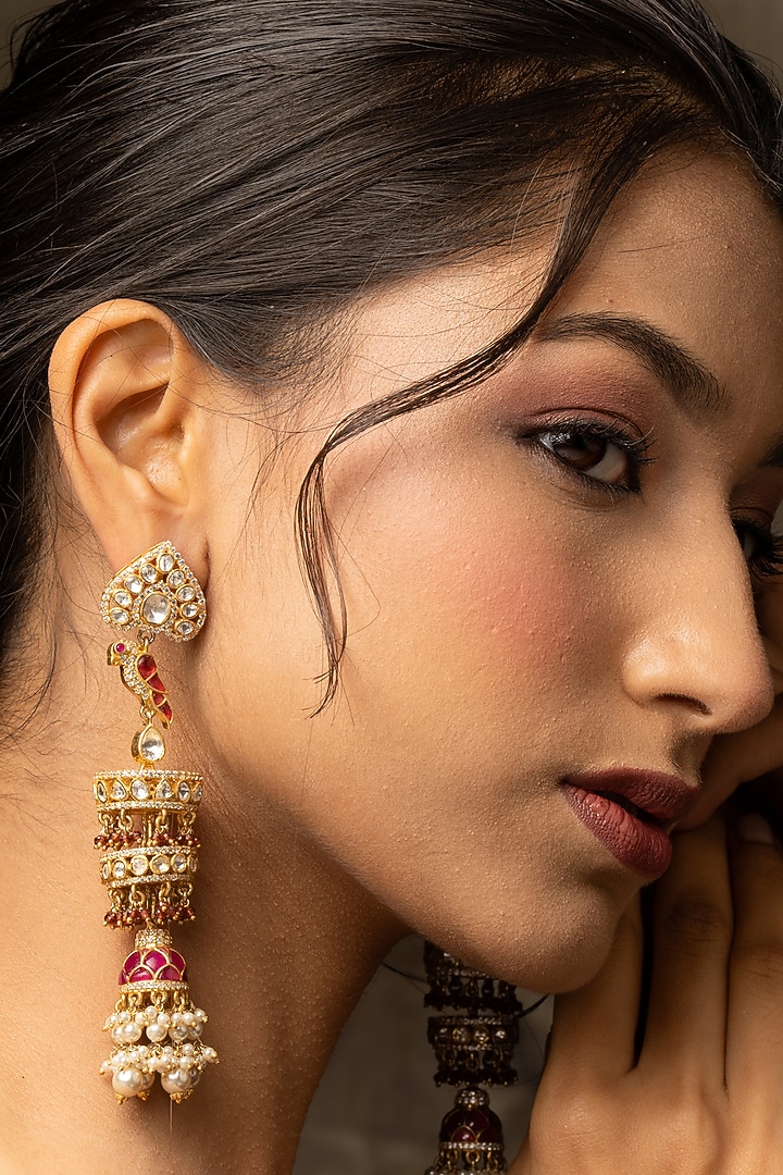 Gold Plated Moissanite Polki & Zirconia Dangler Earrings In Sterling Silver by Varq Jewels at Pernia's Pop Up Shop