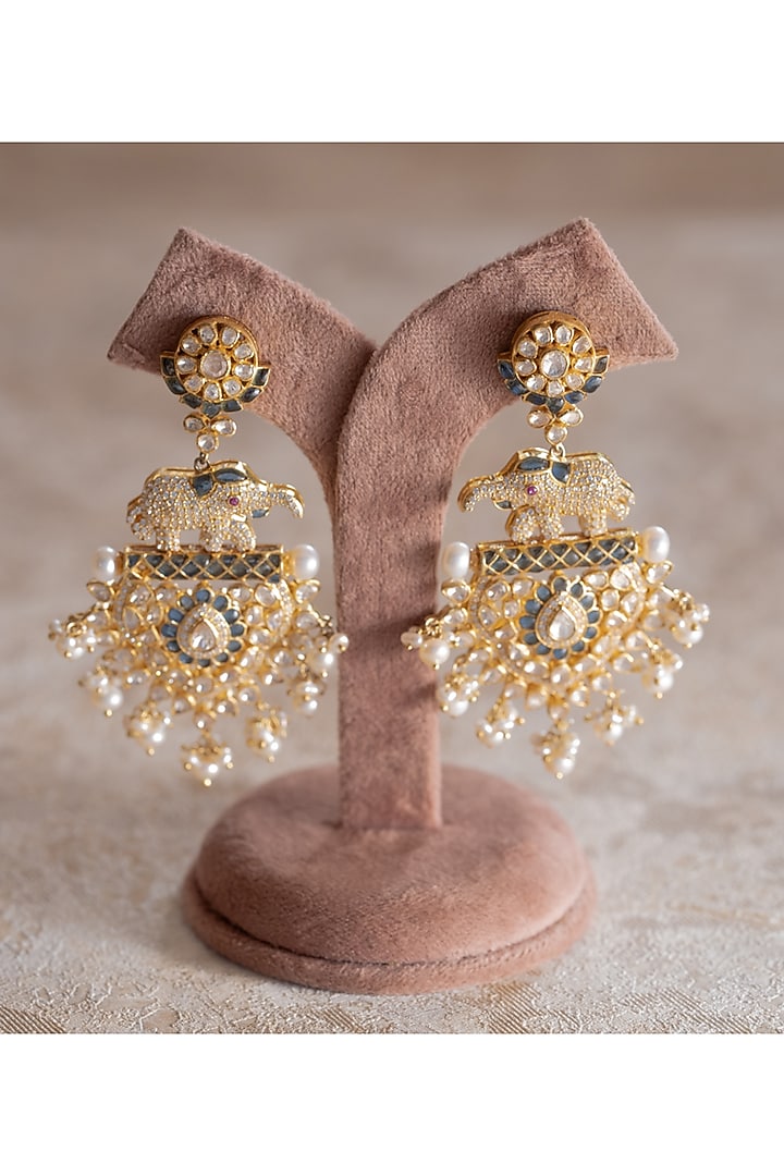 Gold Plated Moissanite Polki & Zirconia Dangler Earrings In Sterling Silver by Varq Jewels at Pernia's Pop Up Shop