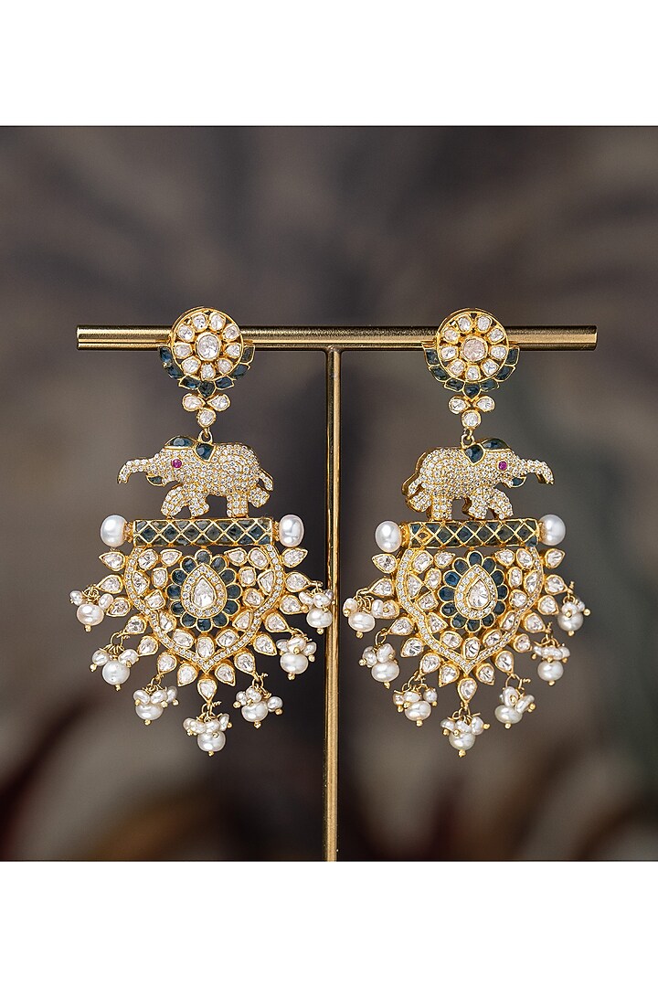 Gold Plated Moissanite Polki & Zirconia Dangler Earrings In Sterling Silver by Varq Jewels at Pernia's Pop Up Shop