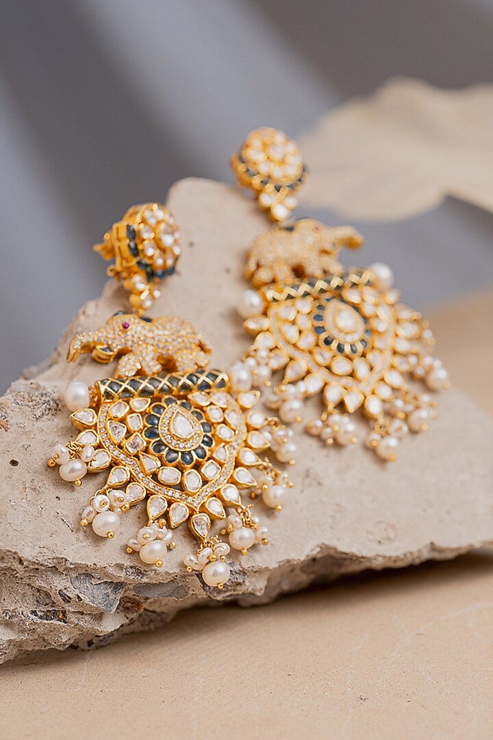 Gold Plated Moissanite Polki & Zirconia Dangler Earrings In Sterling Silver by Varq Jewels at Pernia's Pop Up Shop
