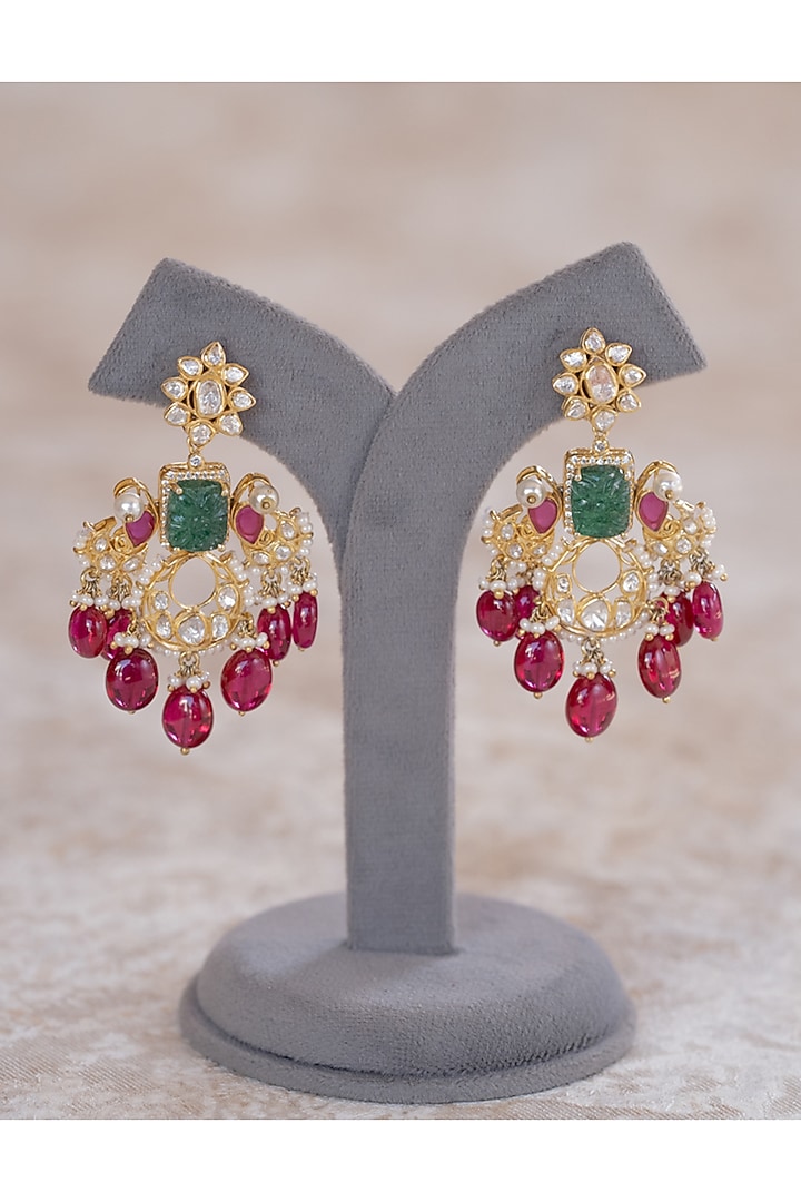Gold Plated Moissanite Polki & Zirconia Dangler Earrings In Sterling Silver by Varq Jewels at Pernia's Pop Up Shop