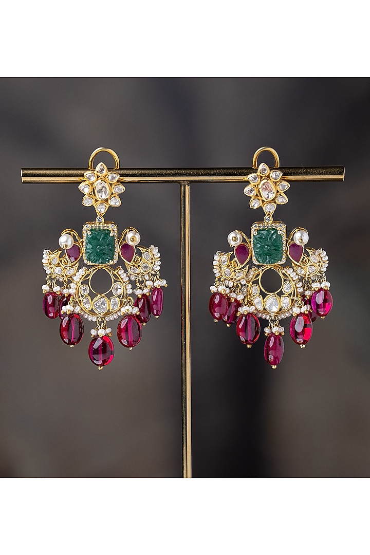 Gold Plated Moissanite Polki & Zirconia Dangler Earrings In Sterling Silver by Varq Jewels at Pernia's Pop Up Shop