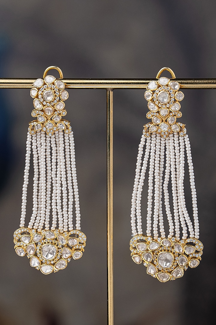 Gold Plated Moissanite Polki & Zirconia Dangler Earrings In Sterling Silver by Varq Jewels at Pernia's Pop Up Shop