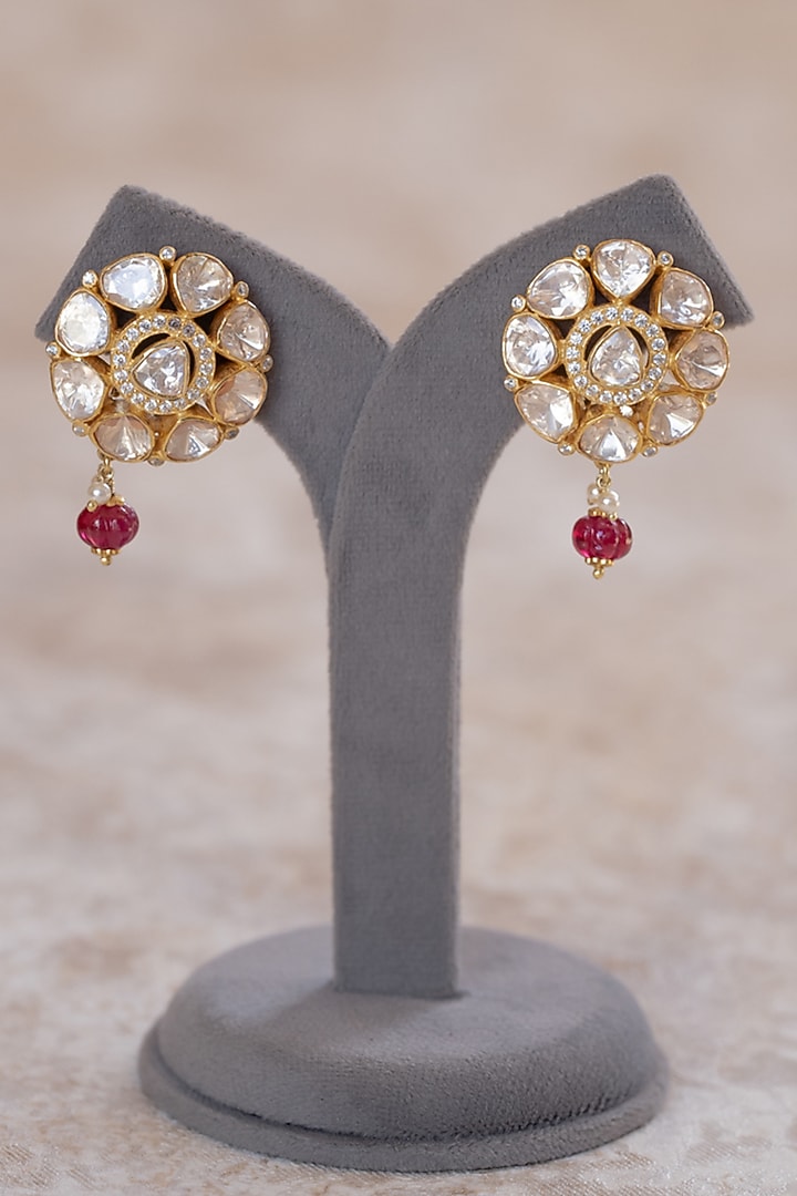 Gold Plated Moissanite Polki & Red Glass Beads Stud Earrings In Sterling Silver by Varq Jewels at Pernia's Pop Up Shop