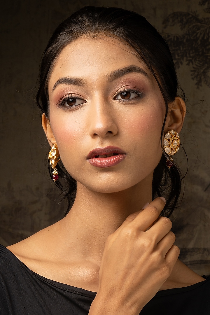 Gold Plated Moissanite Polki & Red Glass Beads Stud Earrings In Sterling Silver by Varq Jewels at Pernia's Pop Up Shop