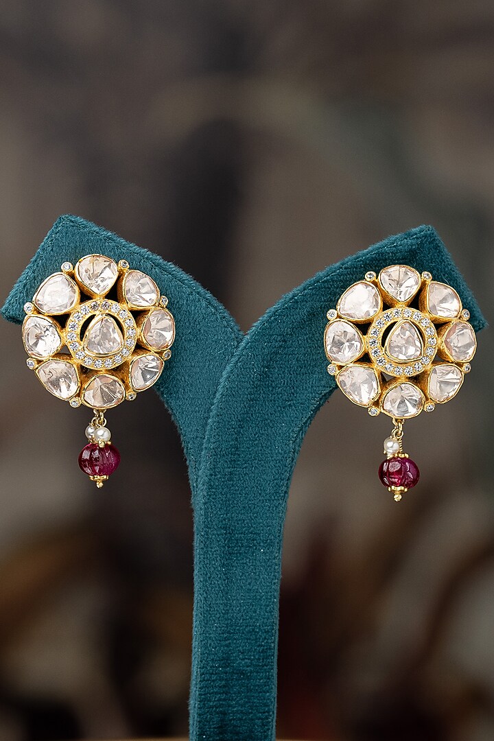 Gold Plated Moissanite Polki & Red Glass Beads Stud Earrings In Sterling Silver by Varq Jewels at Pernia's Pop Up Shop