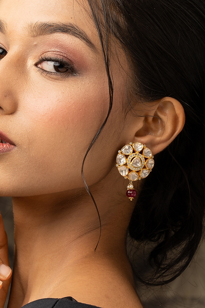 Gold Plated Moissanite Polki & Red Glass Beads Stud Earrings In Sterling Silver by Varq Jewels at Pernia's Pop Up Shop
