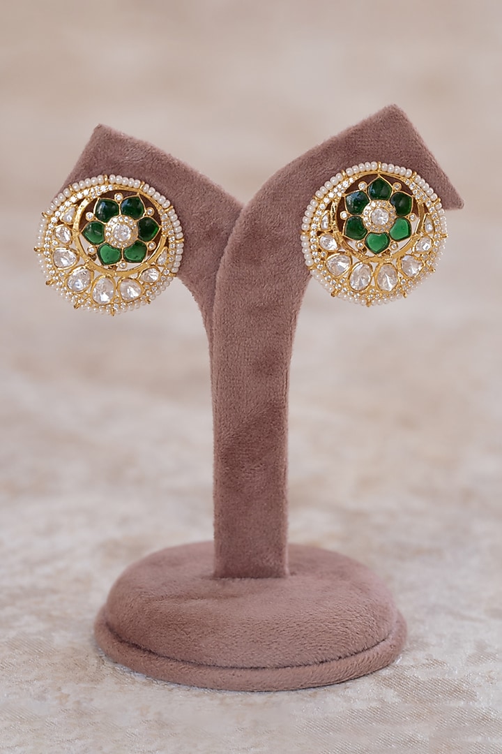 Gold Plated Moissanite Polki & Green Synthetic Stone Stud Earrings In Sterling Silver by Varq Jewels at Pernia's Pop Up Shop