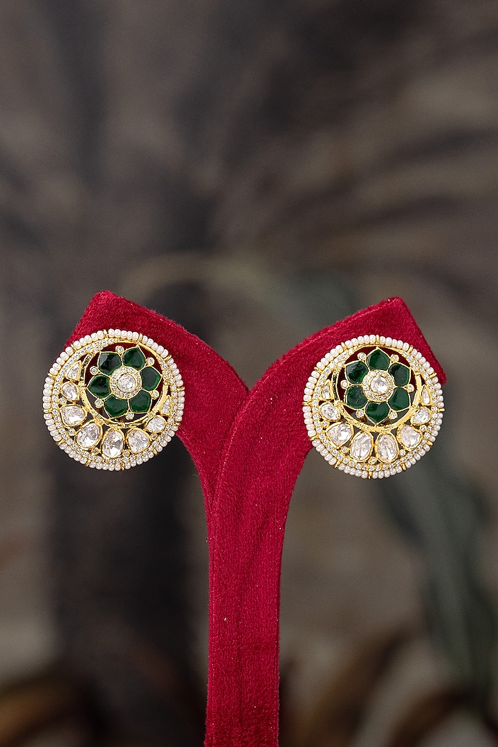 Gold Plated Moissanite Polki & Green Synthetic Stone Stud Earrings In Sterling Silver by Varq Jewels at Pernia's Pop Up Shop
