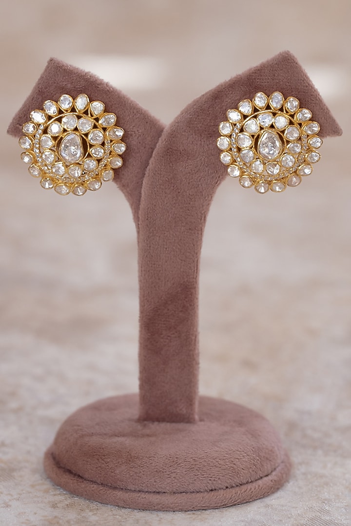 Gold Plated Moissanite Polki & White Synthetic Stone Stud Earrings In Sterling Silver by Varq Jewels at Pernia's Pop Up Shop