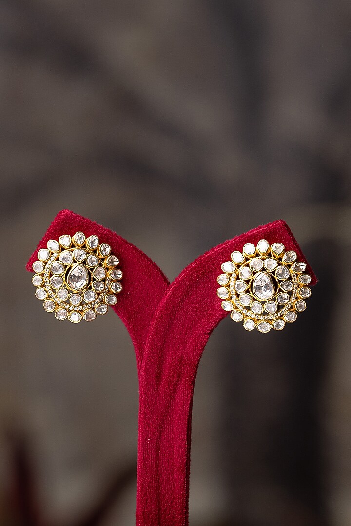 Gold Plated Moissanite Polki & White Synthetic Stone Stud Earrings In Sterling Silver by Varq Jewels at Pernia's Pop Up Shop