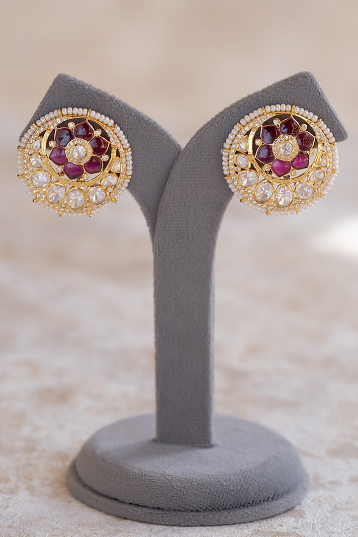 Gold Plated Moissanite Polki & Red Synthetic Stone Stud Earrings In Sterling Silver by Varq Jewels at Pernia's Pop Up Shop