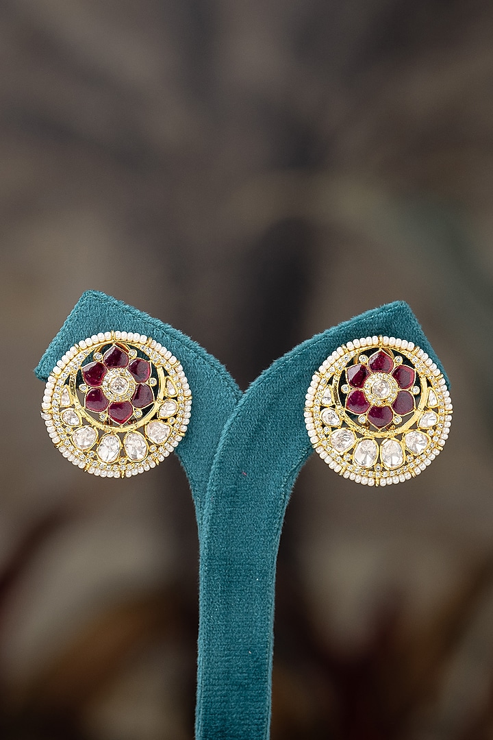 Gold Plated Moissanite Polki & Red Synthetic Stone Stud Earrings In Sterling Silver by Varq Jewels at Pernia's Pop Up Shop