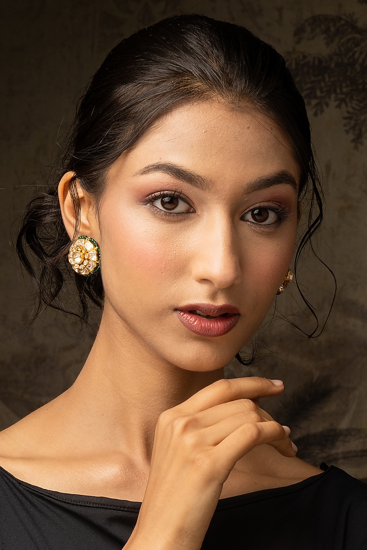 Gold Plated Moissanite Polki & Zirconia Stud Earrings In Sterling Silver by Varq Jewels at Pernia's Pop Up Shop