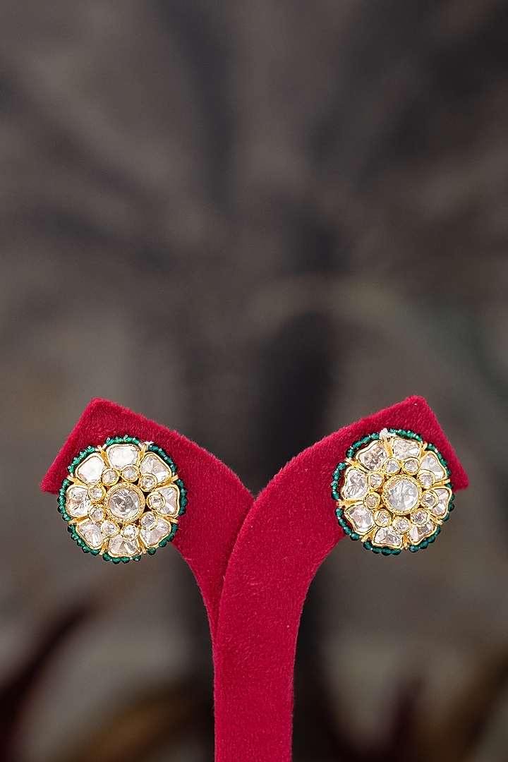 Gold Plated Moissanite Polki & Zirconia Stud Earrings In Sterling Silver by Varq Jewels at Pernia's Pop Up Shop