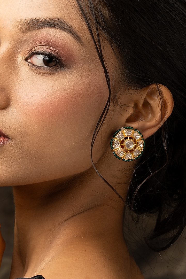 Gold Plated Moissanite Polki & Zirconia Stud Earrings In Sterling Silver by Varq Jewels at Pernia's Pop Up Shop