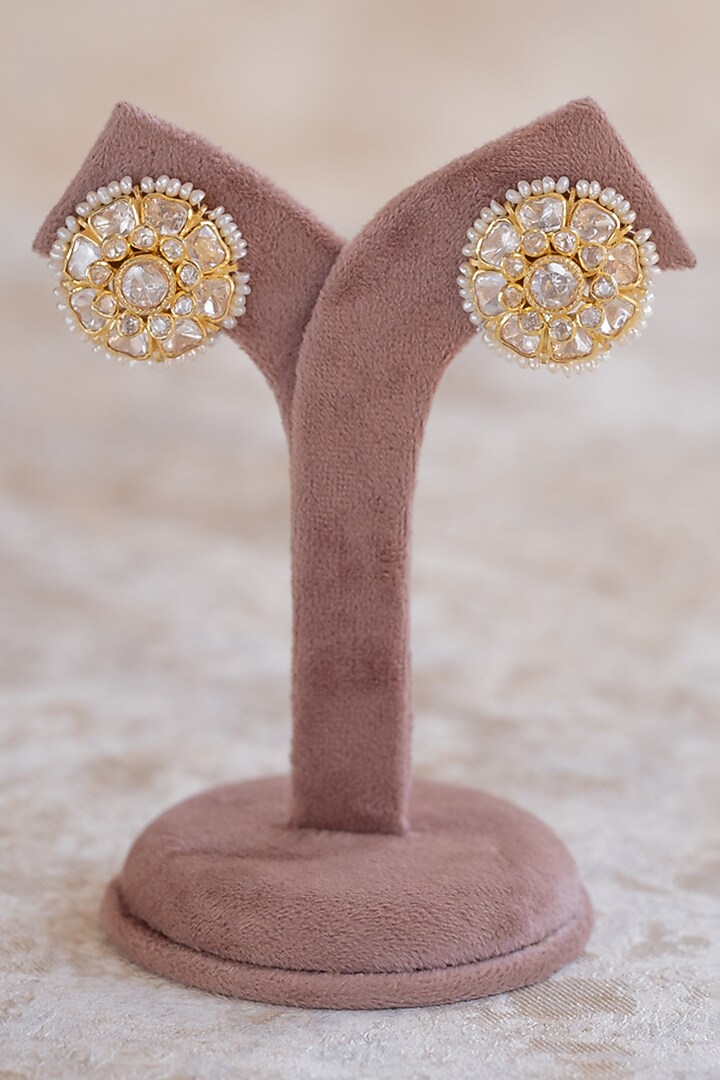 Gold Plated Moissanite Polki & Zirconia Stud Earrings In Sterling Silver by Varq Jewels at Pernia's Pop Up Shop