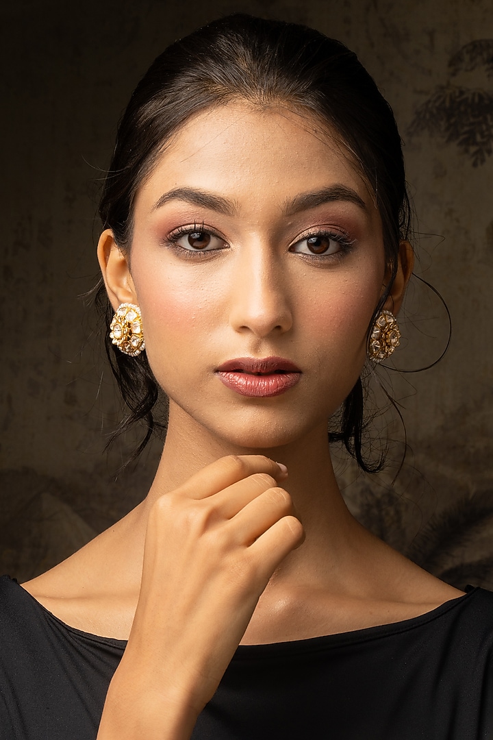 Gold Plated Moissanite Polki & Zirconia Stud Earrings In Sterling Silver by Varq Jewels at Pernia's Pop Up Shop