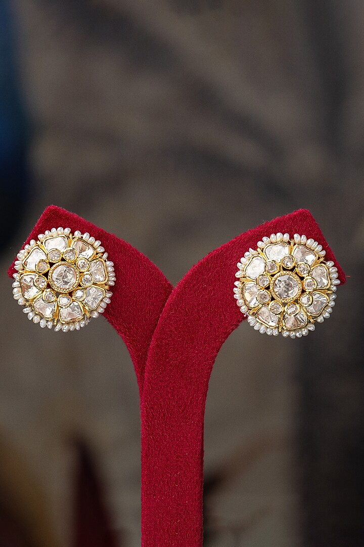 Gold Plated Moissanite Polki & Zirconia Stud Earrings In Sterling Silver by Varq Jewels at Pernia's Pop Up Shop