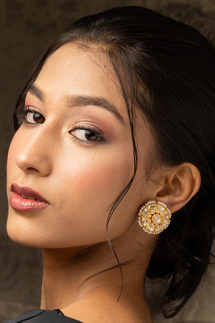 Gold Plated Moissanite Polki & Zirconia Stud Earrings In Sterling Silver by Varq Jewels at Pernia's Pop Up Shop