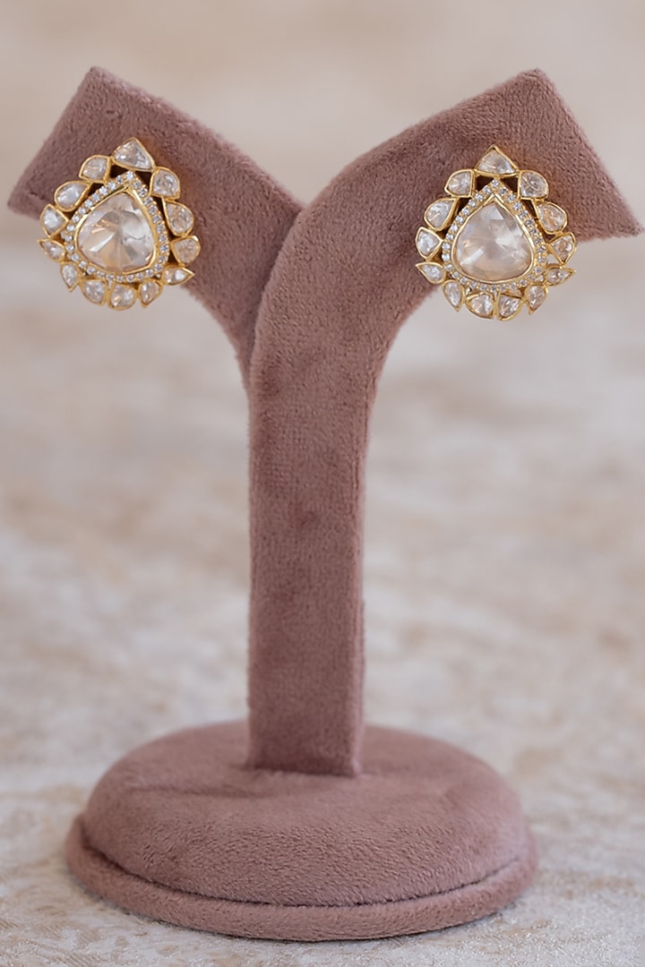 Gold Plated Moissanite Polki & Zirconia Stud Earrings In Sterling Silver by Varq Jewels at Pernia's Pop Up Shop