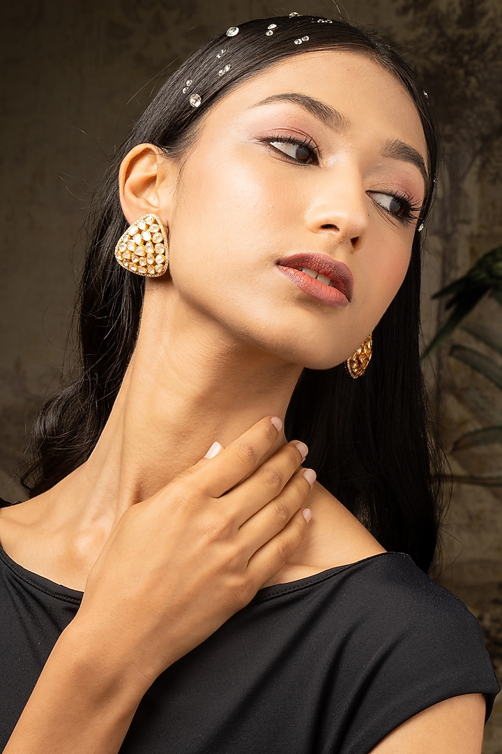 Gold Plated Moissanite Polki & Zirconia Stud Earrings In Sterling Silver by Varq Jewels at Pernia's Pop Up Shop