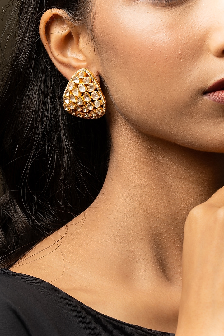 Gold Plated Moissanite Polki & Zirconia Stud Earrings In Sterling Silver by Varq Jewels at Pernia's Pop Up Shop