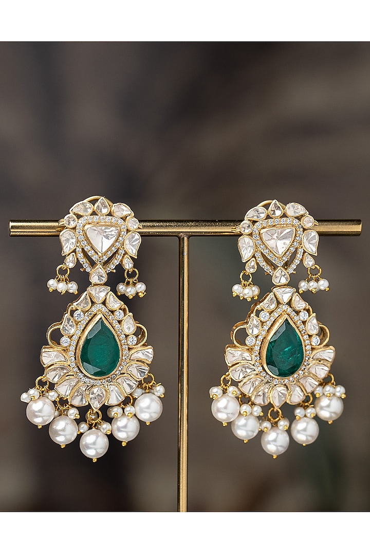 Gold Plated Moissanite Polki & Green Carved Stone Dangler Earrings In Sterling Silver by Varq Jewels at Pernia's Pop Up Shop
