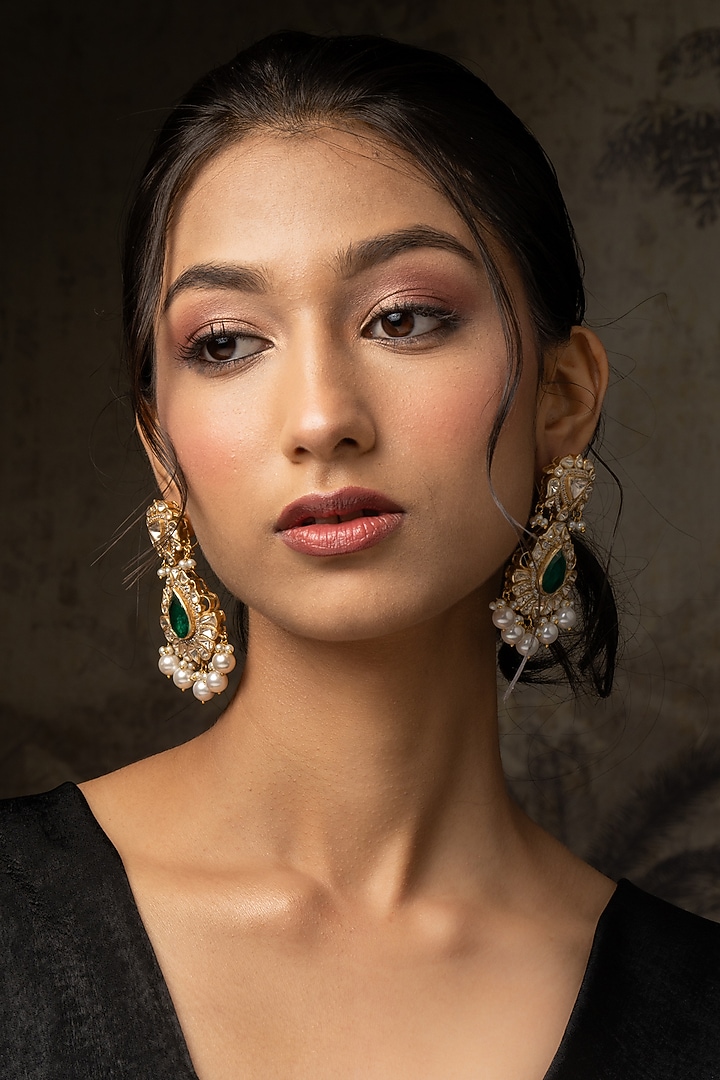 Gold Plated Moissanite Polki & Green Carved Stone Dangler Earrings In Sterling Silver by Varq Jewels at Pernia's Pop Up Shop