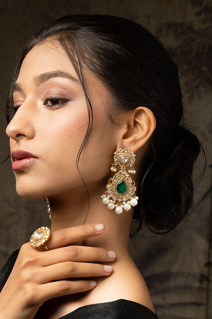 Gold Plated Moissanite Polki & Green Carved Stone Dangler Earrings In Sterling Silver by Varq Jewels at Pernia's Pop Up Shop