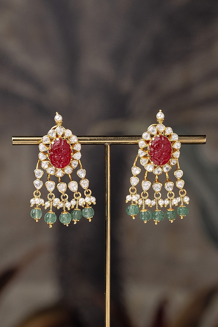 Gold Plated Moissanite Polki & Red Synthetic Stone Dangler Earrings In Sterling Silver by Varq Jewels at Pernia's Pop Up Shop
