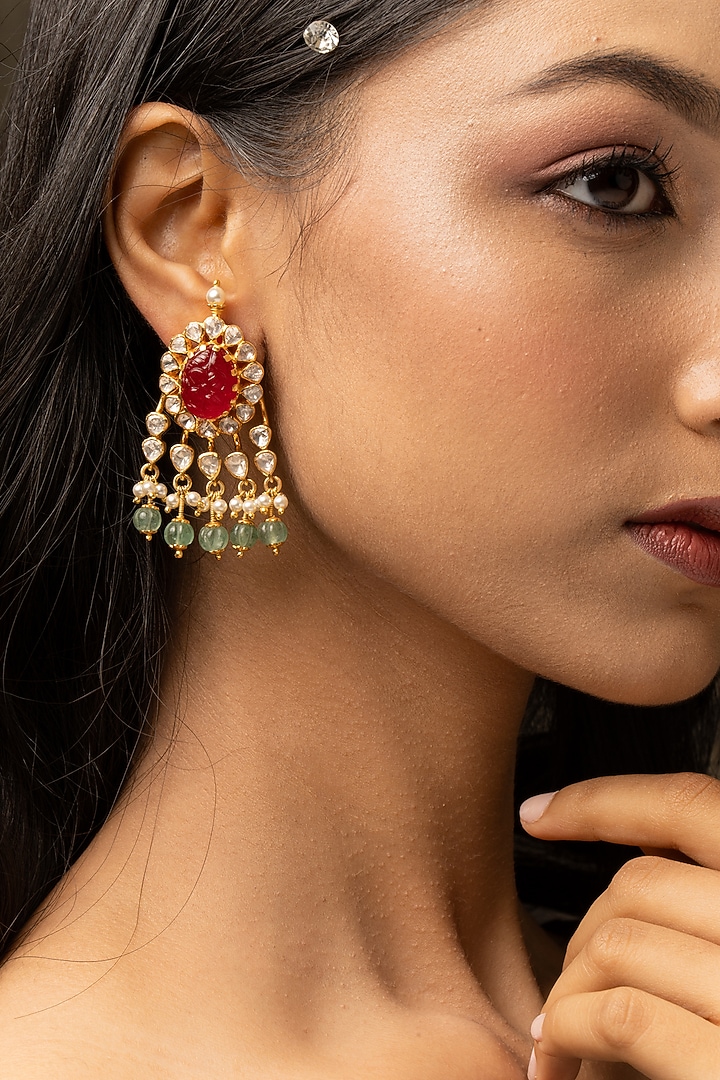 Gold Plated Moissanite Polki & Red Synthetic Stone Dangler Earrings In Sterling Silver by Varq Jewels at Pernia's Pop Up Shop