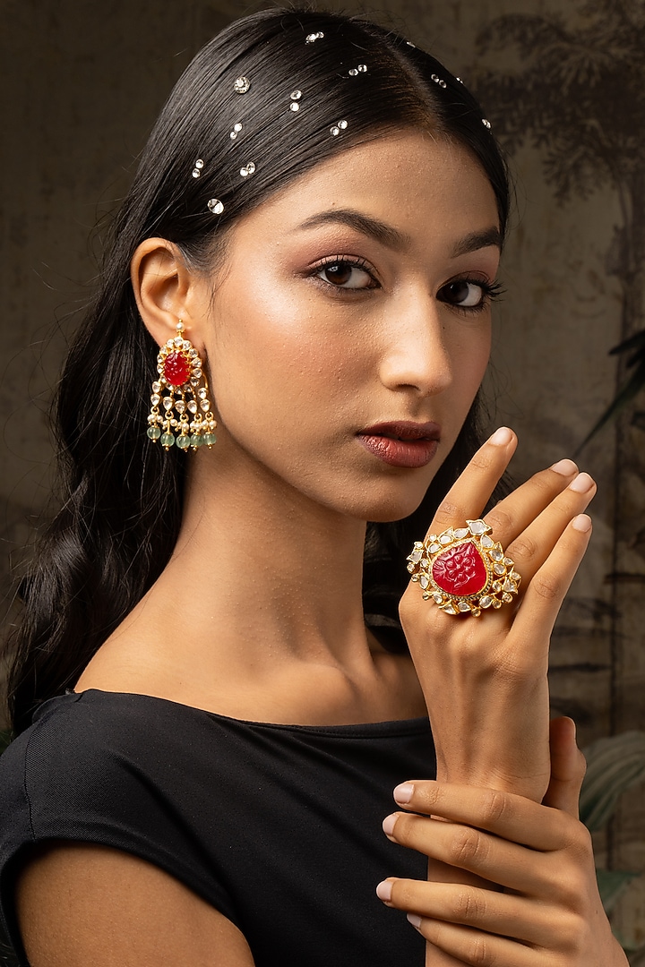 Gold Plated Moissanite Polki & Red Synthetic Stone Dangler Earrings In Sterling Silver by Varq Jewels at Pernia's Pop Up Shop