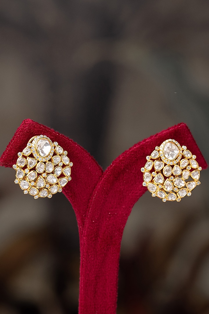 Gold Plated Moissanite Polki & Zirconia Stud Earrings In Sterling Silver by Varq Jewels at Pernia's Pop Up Shop