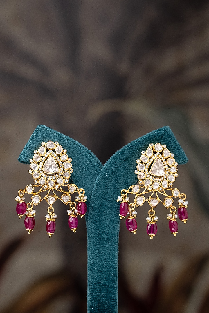 Gold Plated Moissanite Polki & Pink Stone Stud Earrings In Sterling Silver by Varq Jewels at Pernia's Pop Up Shop