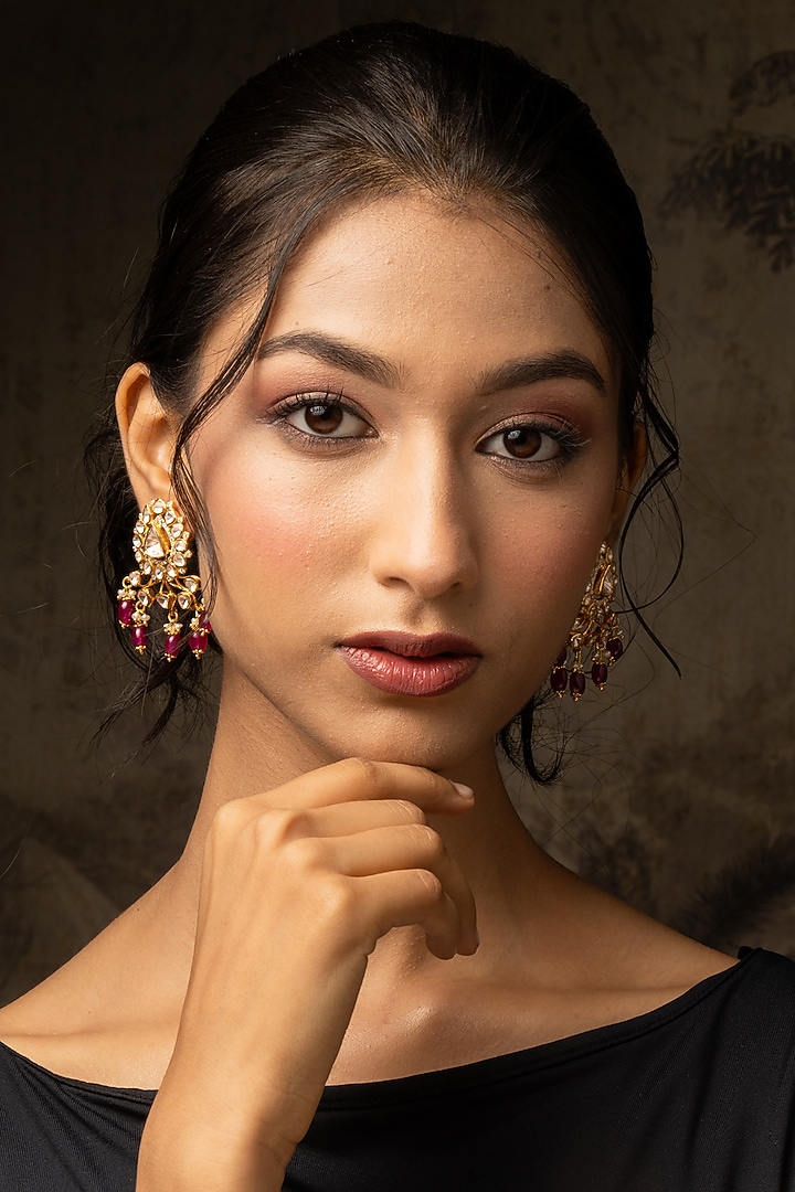 Gold Plated Moissanite Polki & Pink Stone Stud Earrings In Sterling Silver by Varq Jewels at Pernia's Pop Up Shop