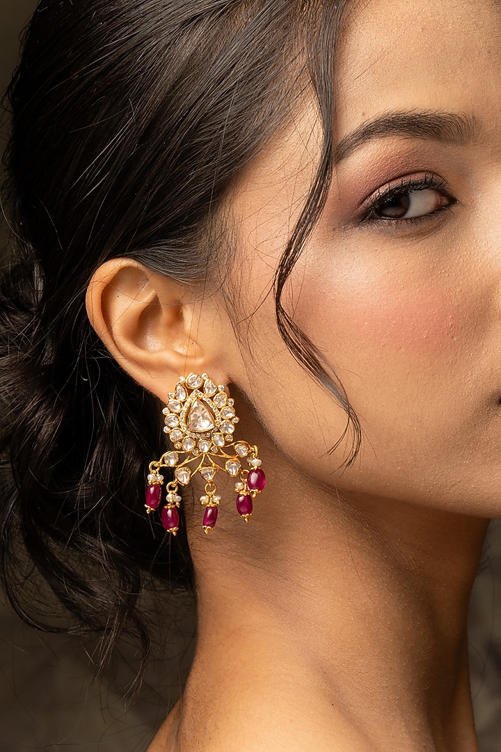 Gold Plated Moissanite Polki & Pink Stone Stud Earrings In Sterling Silver by Varq Jewels at Pernia's Pop Up Shop