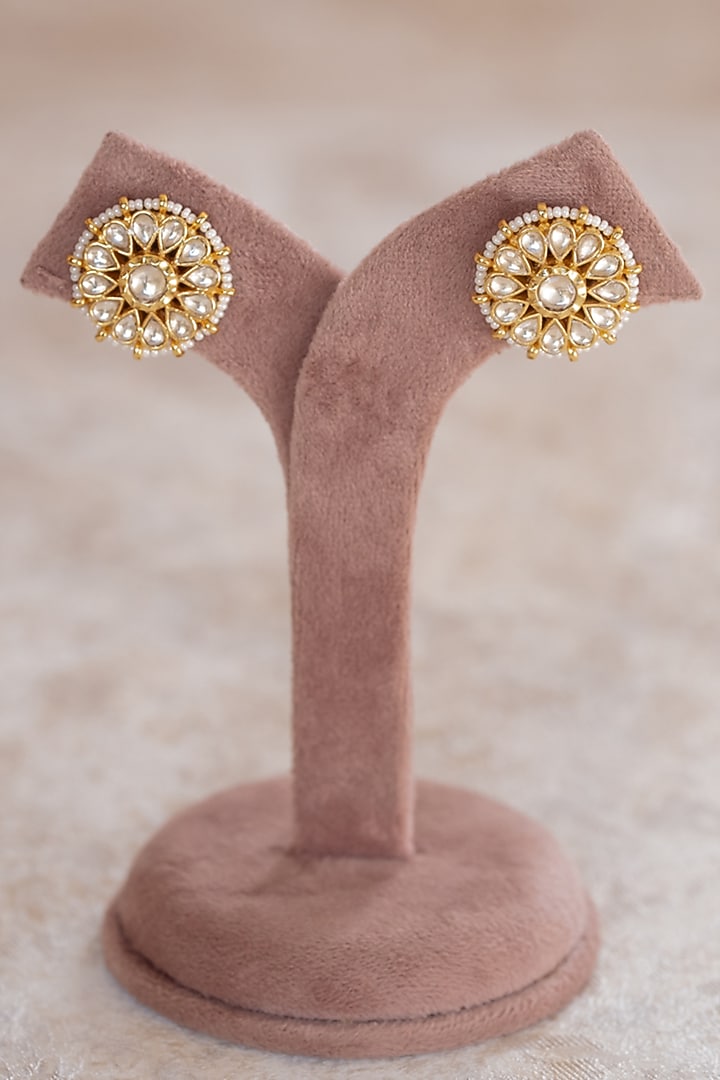 Gold Plated Moissanite Polki & Zirconia Stud Earrings In Sterling Silver by Varq Jewels at Pernia's Pop Up Shop