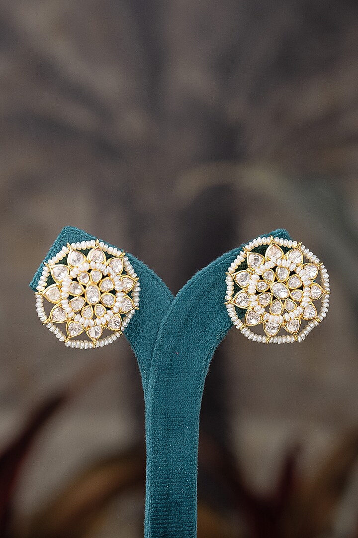 Gold Plated Moissanite Polki & Zirconia Stud Earrings In Sterling Silver by Varq Jewels at Pernia's Pop Up Shop