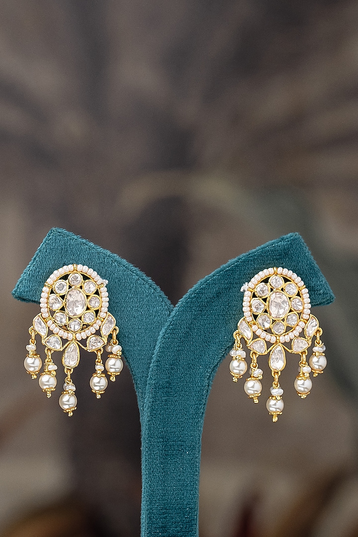 Gold Plated Moissanite Polki & Zirconia Stud Earrings In Sterling Silver by Varq Jewels at Pernia's Pop Up Shop