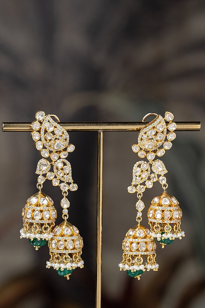 Gold Plated Moissanite Polki & Green Glass Stone Dangler Earrings In Sterling Silver by Varq Jewels at Pernia's Pop Up Shop