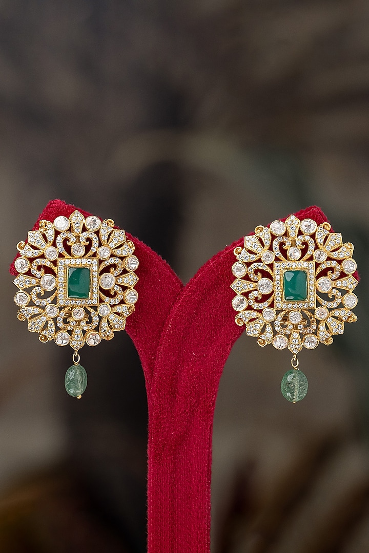 Gold Plated Moissanite Polki & Green Carved Stone Stud Earrings In Sterling Silver by Varq Jewels at Pernia's Pop Up Shop